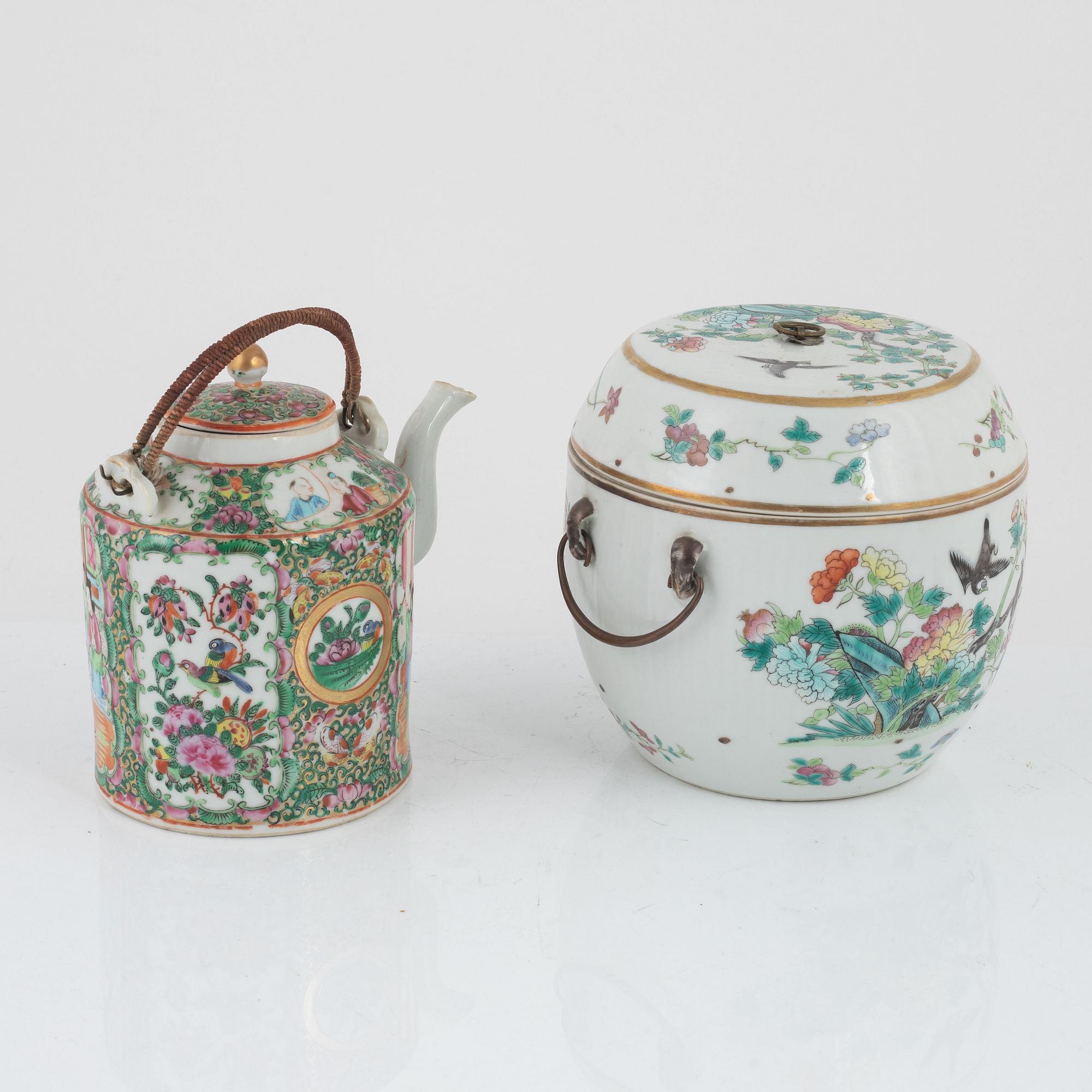 Tekanna, porslin, Kanton, och skål med lock, porslin, Kina, Qingdynastin, 1800-tal.