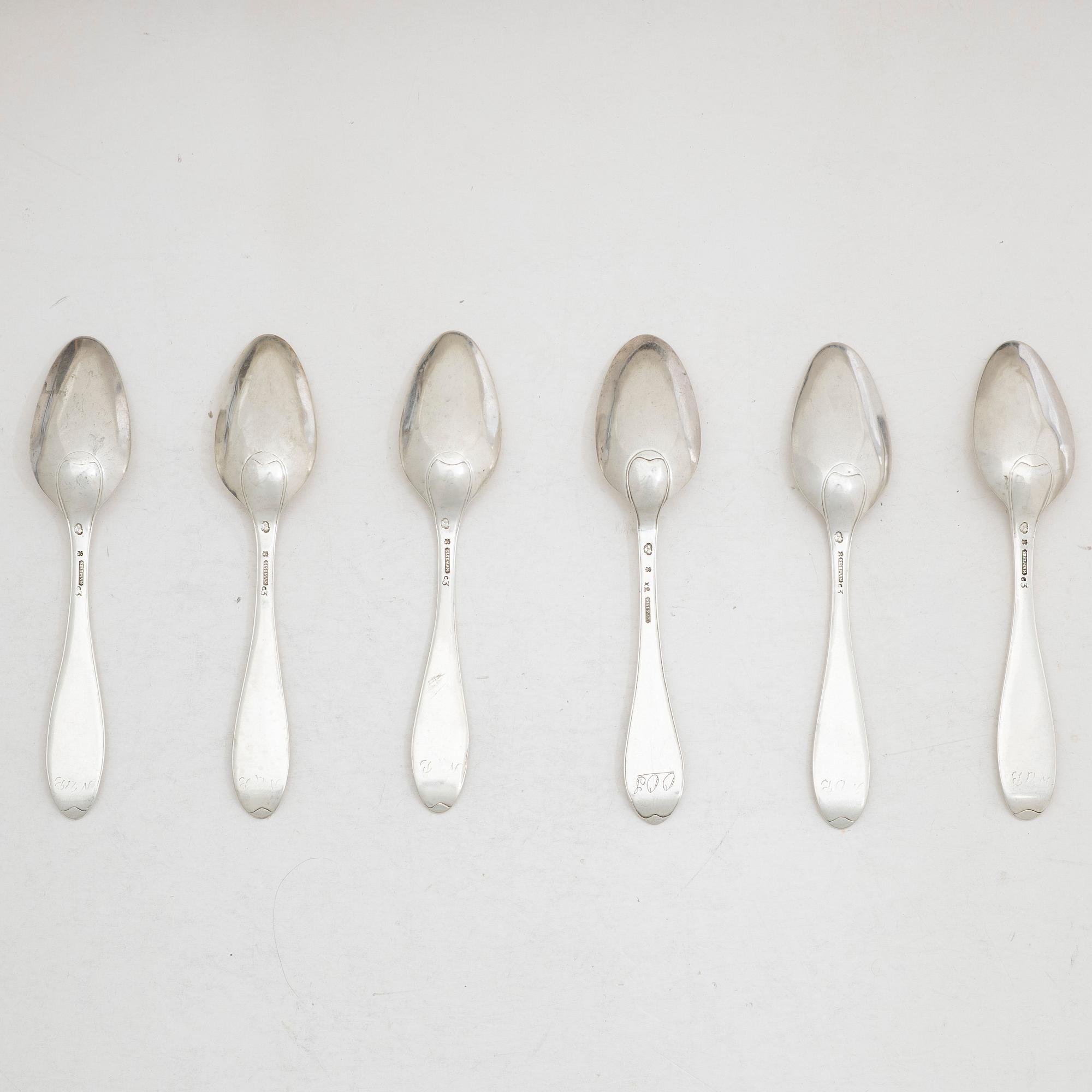 Carl Fredrik Seseman, six silver spoons, model "Rococo", Arboga 1804-1809.