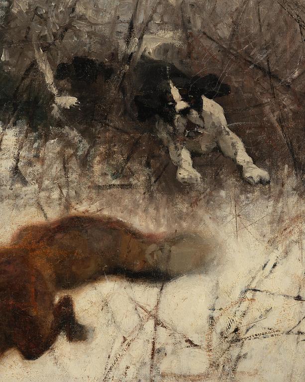 Bruno Liljefors, Winter hunting with fox and hound.