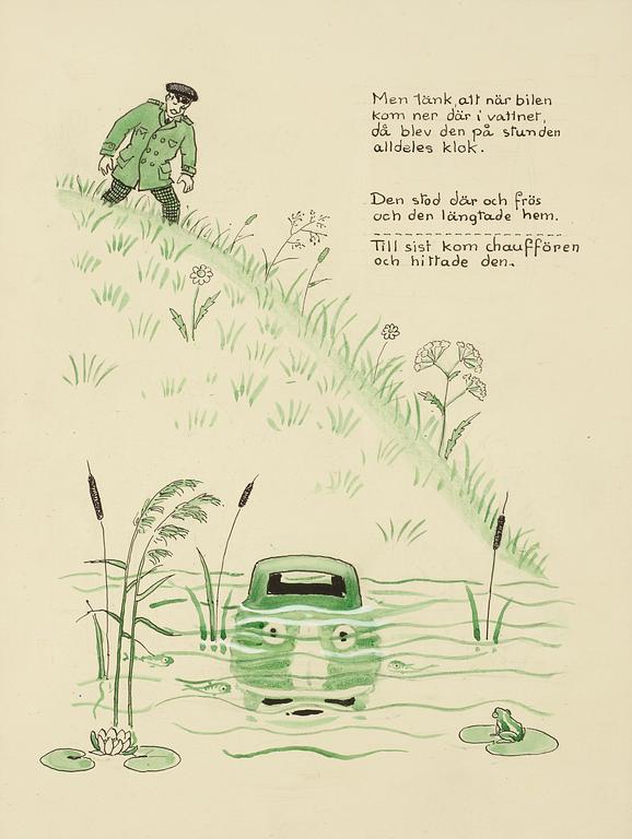 Elsa Beskow, The red bus and the green car. Illustrated children's story by Elsa Beskow.