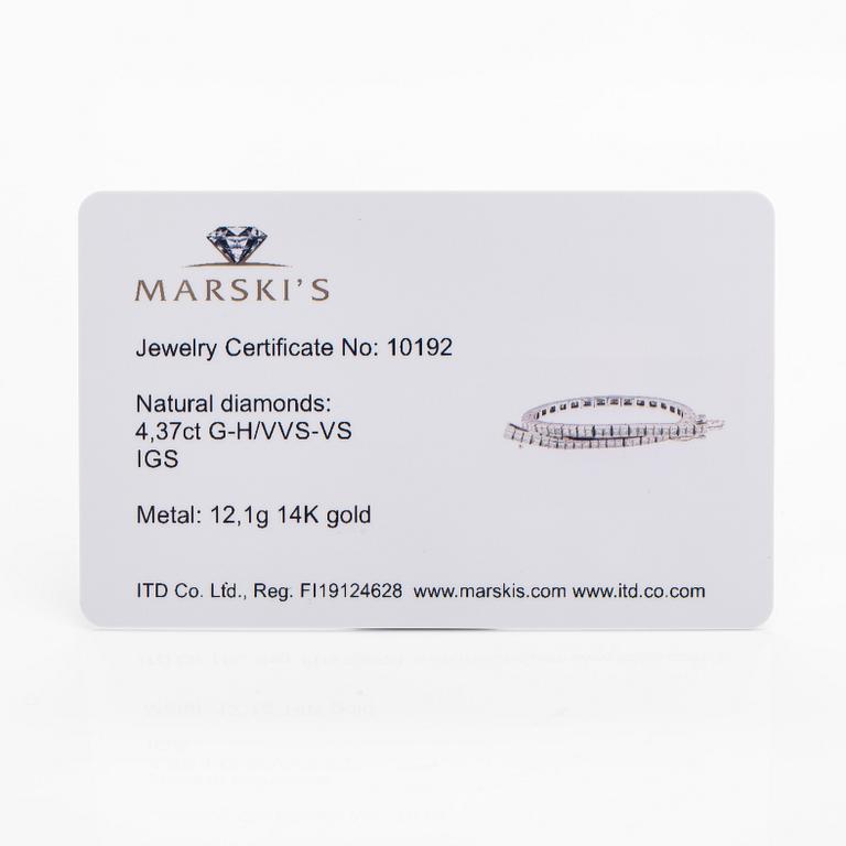 Armband, 14K votguld,  princesslipade diamanter ca 4.37 ct tot enligt certifikat.