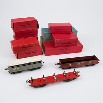 Twelve O-gauge Hornby train wagons England 1930s.