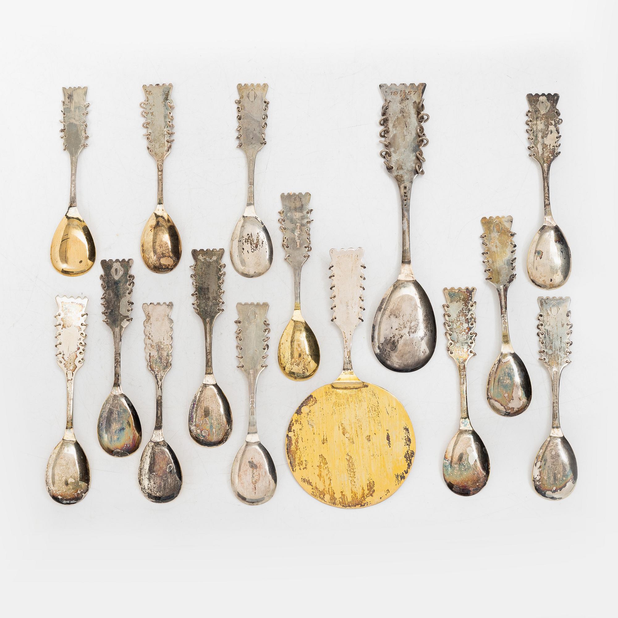 A set of fourteen Swedish silver spoons and server, including with mark of CO Persson Ab, Haparanda 1957.