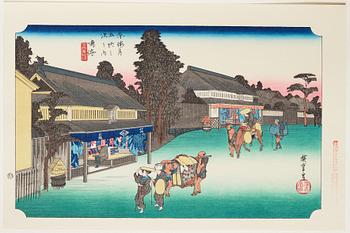 ANDO HIROSHIGE, senare avdrag, mapp, "The fifty-three stations on the tokaido", utgiven av Kata Hanga Kenkyujo.