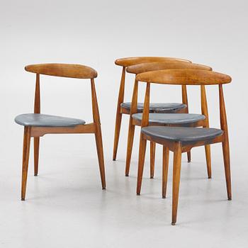 Hans J Wegner, stolar, 4 st, "Hjertestolen". Fritz Hansen, Danmark, 1940/50-tal.