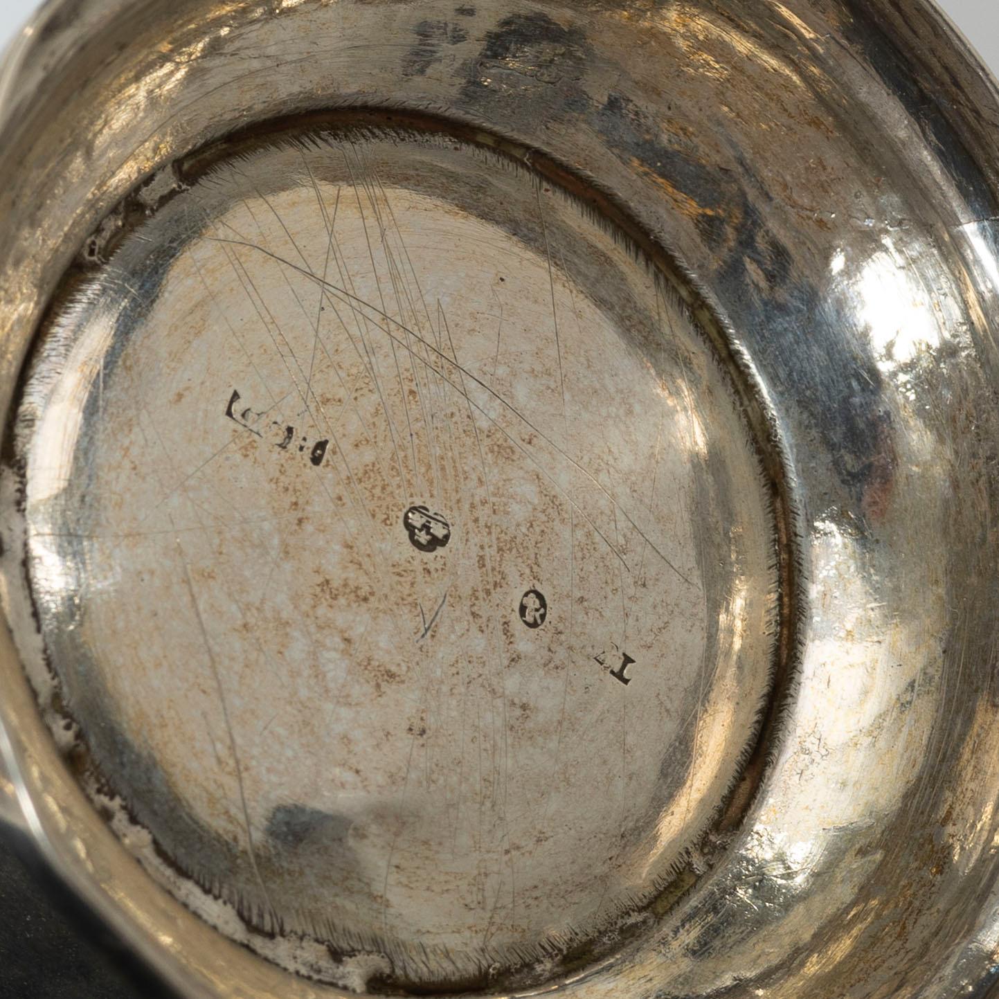 Three cups, dish, basket, jug, bowl, and ring holder, silver.