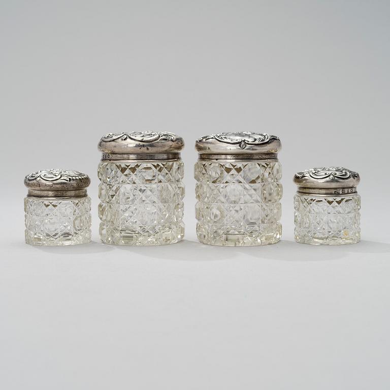 CUT GLASS JARS WITH SILVER LIDS, two pairs, Levi & Salaman, Birmingham 1898.