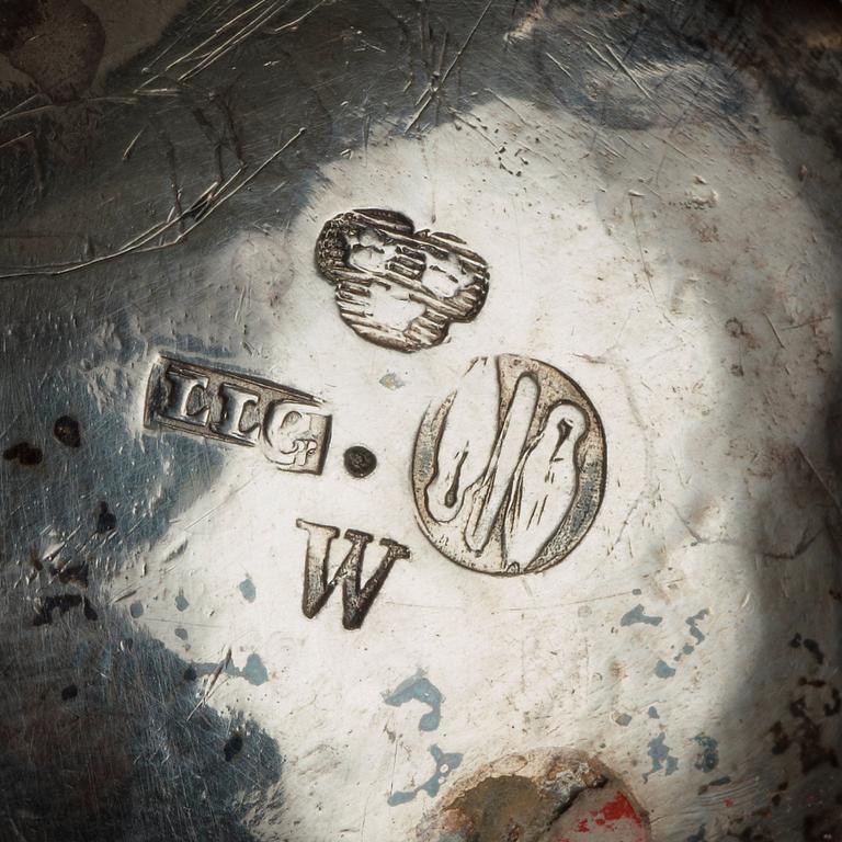 A Swedish 18th century silver sugar-casters, marked Lorentz Lindgren, Borås 1779, and one later copy with false marks.