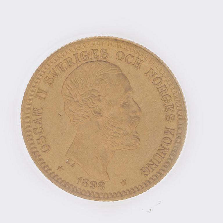 MYNT, guld, 20 kronor, Oscar II, 1898, vikt ca 9 g.