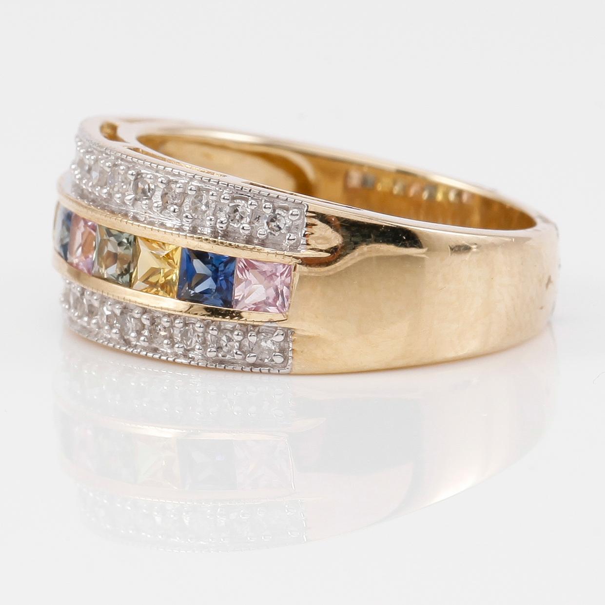 RING, 10K guld, diamanter tot ca 0.20 ct. och flerfärgade safirer.