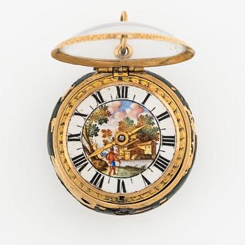 Abraham Cailliatte, a 17th century gold and enamel pocket watch, the case attributed to Pierre I Huaud.