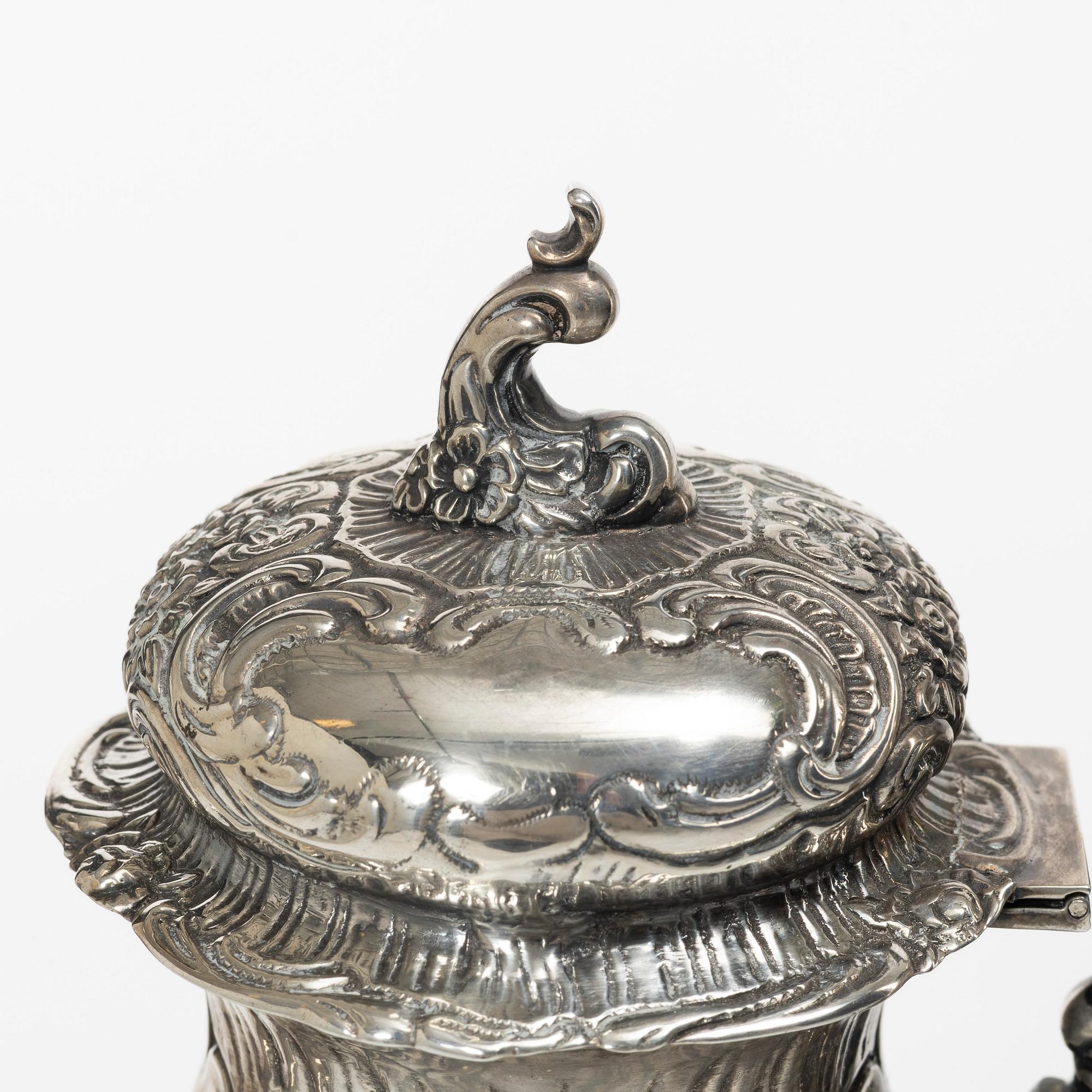A three-piece rococo-style silver coffee service, GEWE, Malmö, 1955.