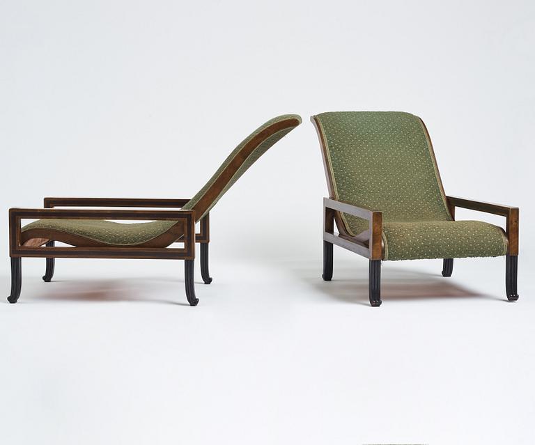 Carl Hörvik, a pair of mahogany-stained birch lounge chairs, Swedish Grace 1920s.