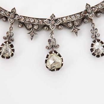 Collier 14K guld och silver med rosenslipade diamanter, 1800-tal.