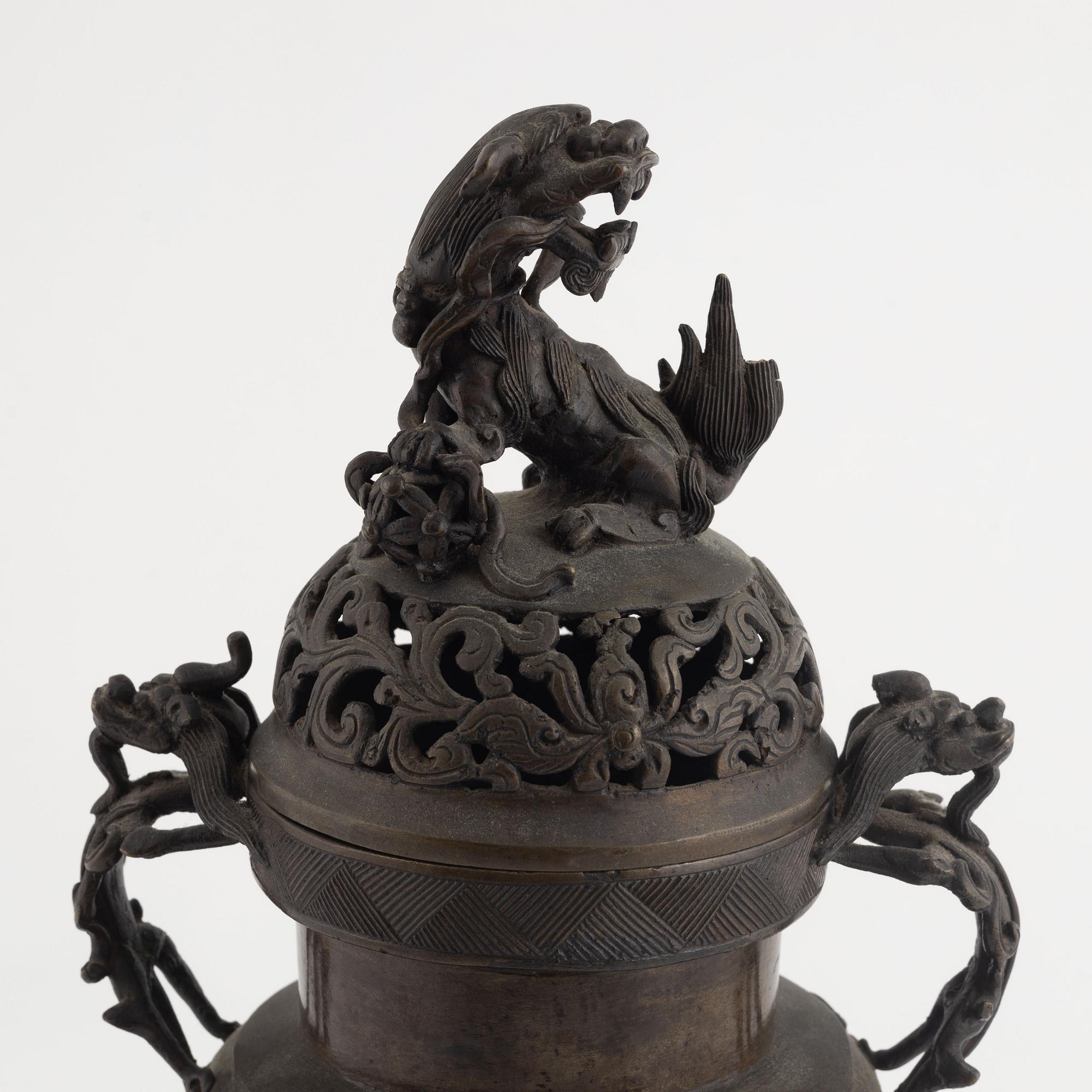 A tripod bronze censer with cover, Qing dynasty, 19th century.
