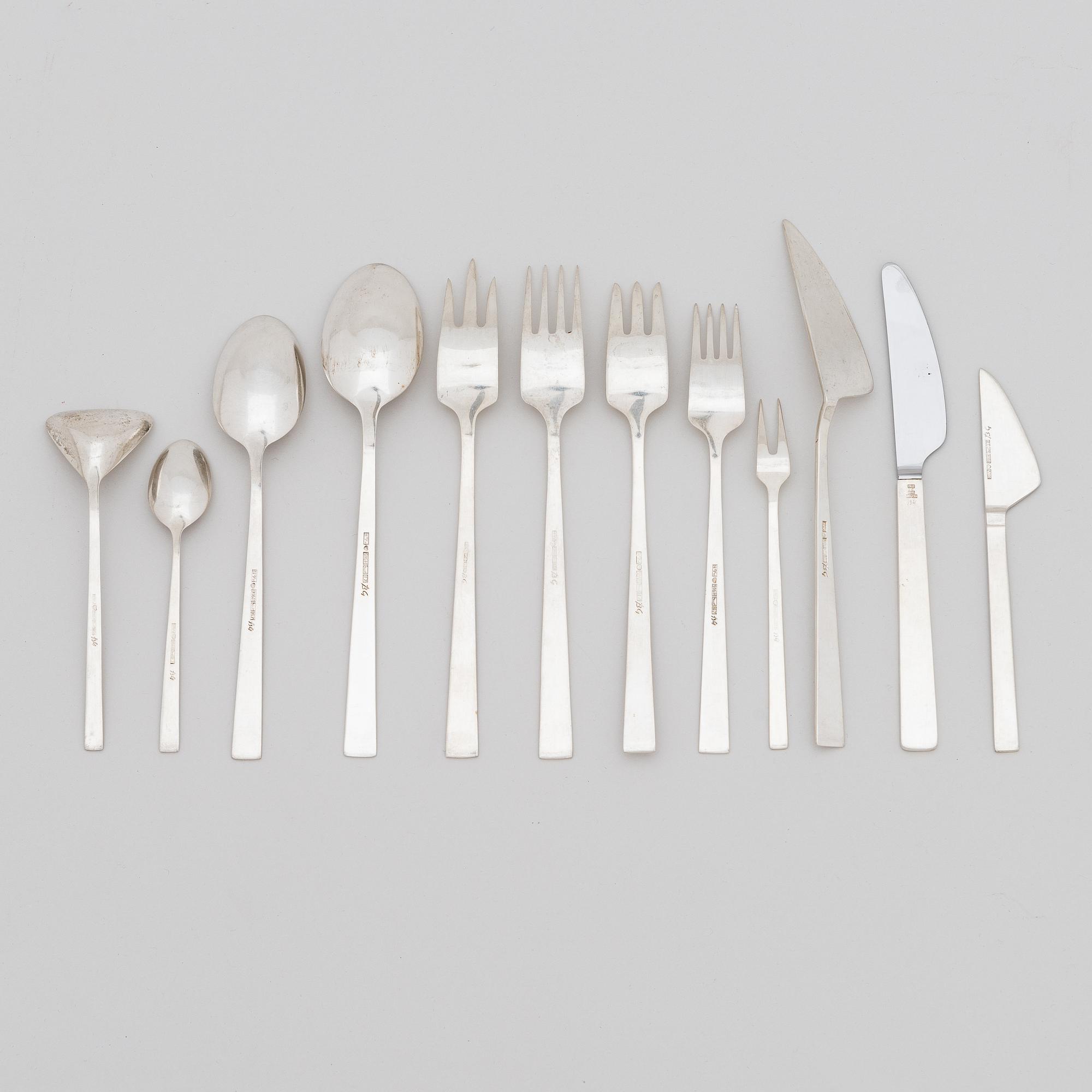 Bertel Gardberg, a 110-piece set of "Birgitta" silver cutlery, marked BG, Hopeatehdas oy, Helsinki 1956-65.