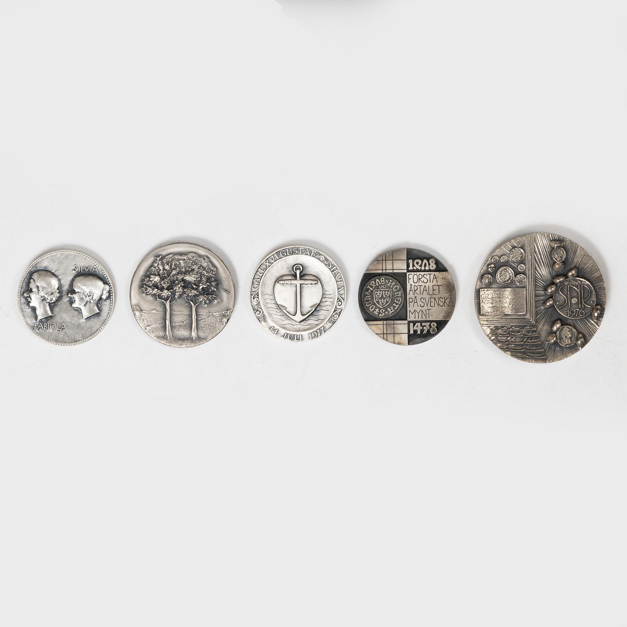 Minnesmedaljer, 5 st, sterling silver, 1900-talets slut.