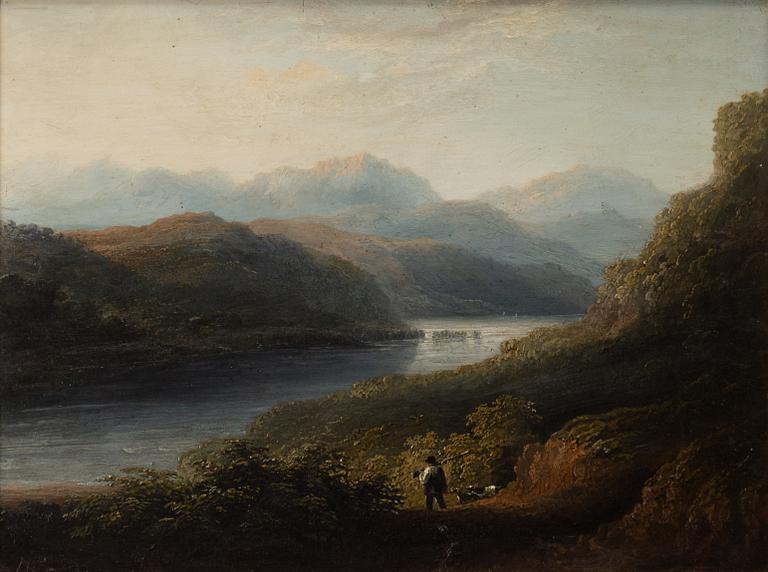 Patrick Nasmyth, hans art, Extensive landscape with hunters and dogs.