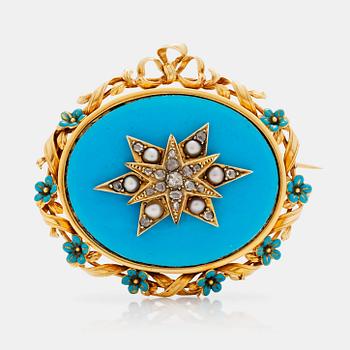 569. A Victorian enamel, pearl and diamond remembrance brooch, with forget me not floral motifs. French export marks.