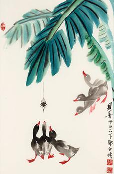 533. MÅLNING, av Deng Baiyuejin (1958-), "Lycka" (jian xi), signerad.