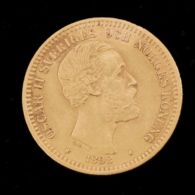 GULDMYNT, 20 Kronor, Oscar II, Sverige-Norge 1898. Vikt ca 8 gram.