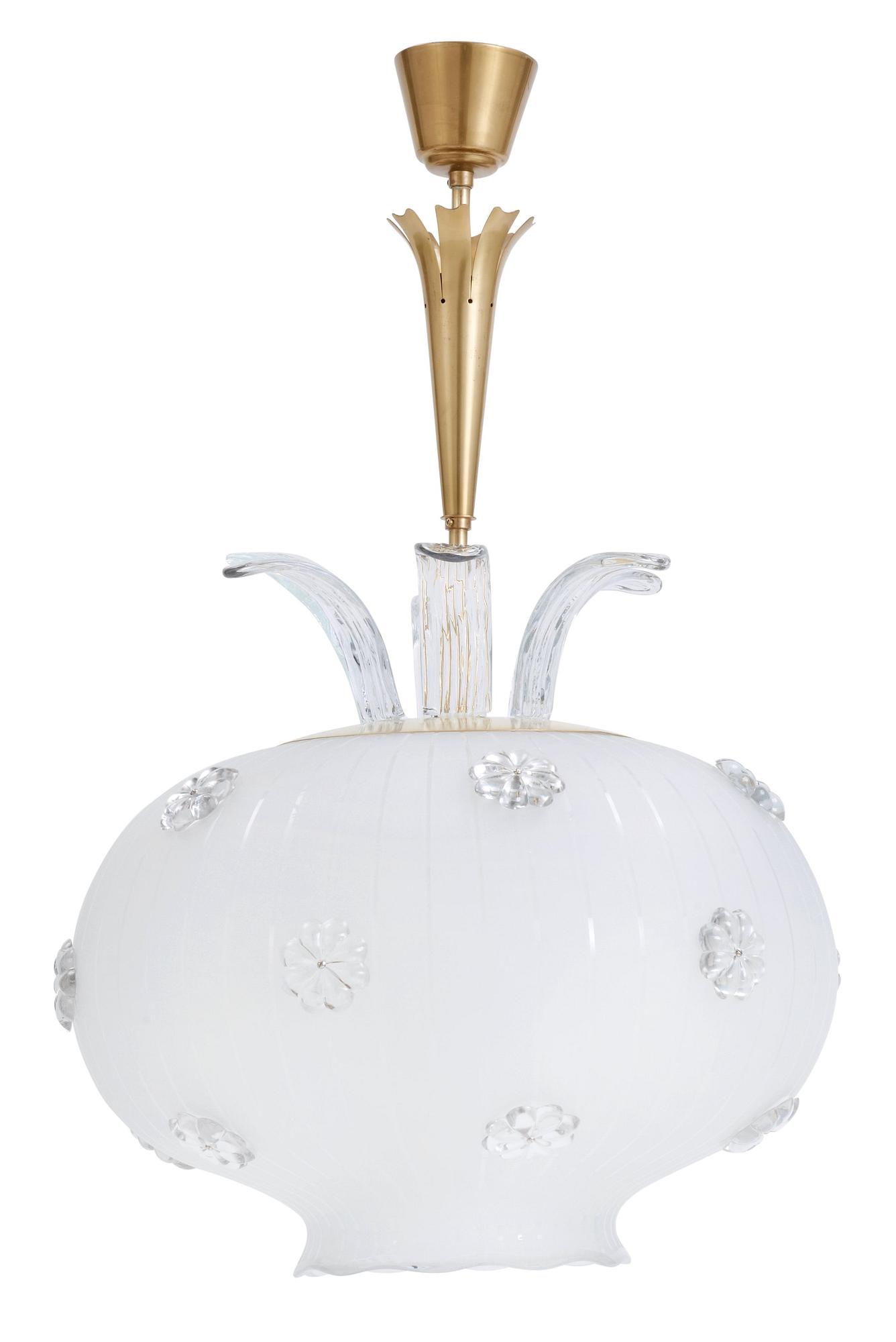 A Swedish Modern blasted and cut glass and brass hanging lamp, 1940's-50's.