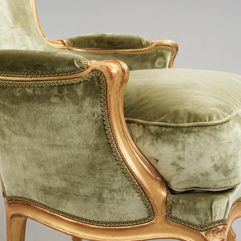 Two bergeres, one by Georges Jacob, Louis XV, the other one later.