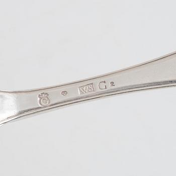 Skedar, 11 st, silver, bl.a. Gottfried Dubois, Stockholm 1743.