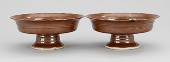 620. A pair of cappuciner glazed tazzas, China, with Qianlong seal mark.