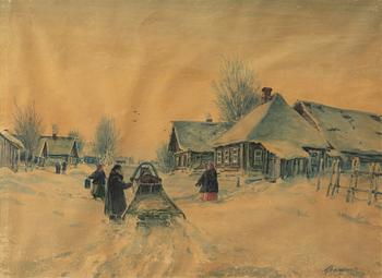 Mihail Abramovich Balunin, Winter landscape with figures and sleigh in the village.