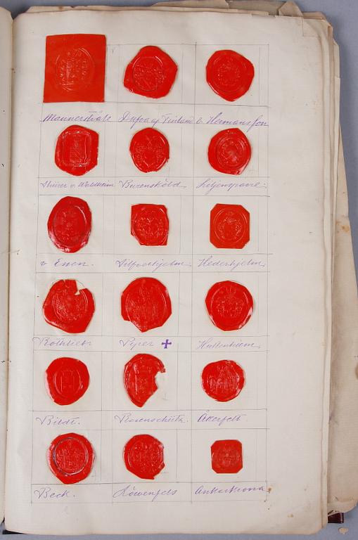 SIGILLSAMLING, 8 blad, svenska adliga ätter, 1800-tal.