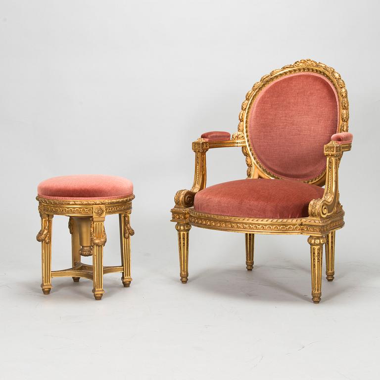Armchair and stool, Louis XVI style, circa 1900.