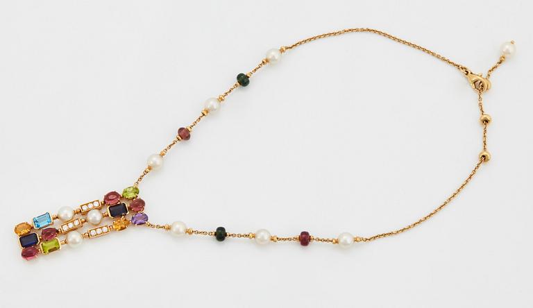 A Bulgari necklace "Allegra" in 18K gold set with coloured stones, cultured pearls and diamonds.