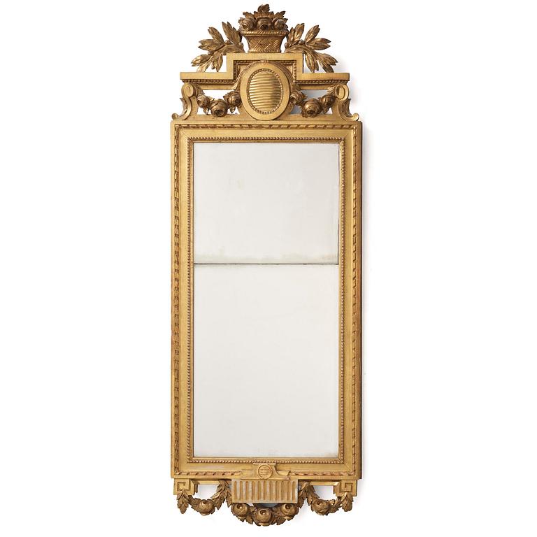 A Gustavian giltwood mirror, Stockholm, late 18th century.