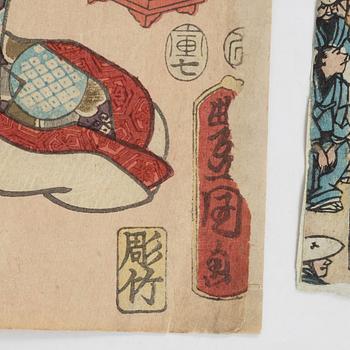 Utagawa School, färgträsnitt, 4st, Japan, 1800-talets mitt/andra hälft.