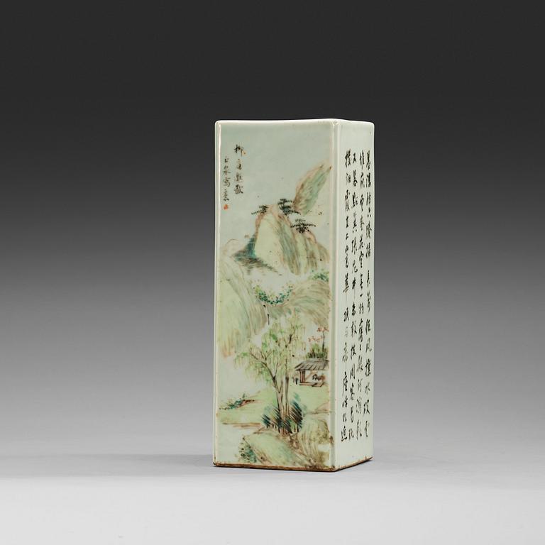 A square enameled vase, China, presumably Republic, 20th Century.