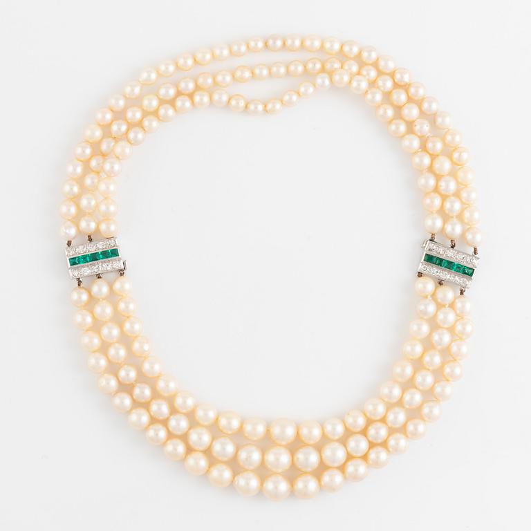 A three strand cultured pearl necklace/bracelet.