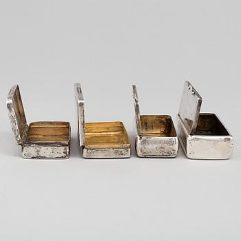 Five Swedish 19th century parcel gilt silver boxes, one by  Anders Gottlieb Herkepeus, Norrtälje, 1857. Weight 299 gram.