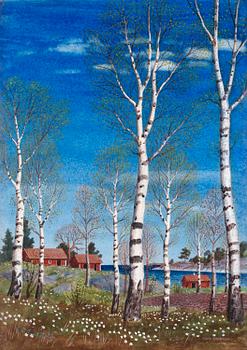 145. Oskar Bergman, Vårbjörkar och röda stugor vid havet.