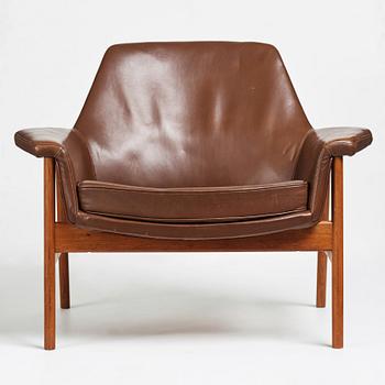 Ib Kofod-Larsen, a teak and brown leather easy chair, Olof Perssons Fåtöljindustri (OPE), Sweden, 1950-60's.