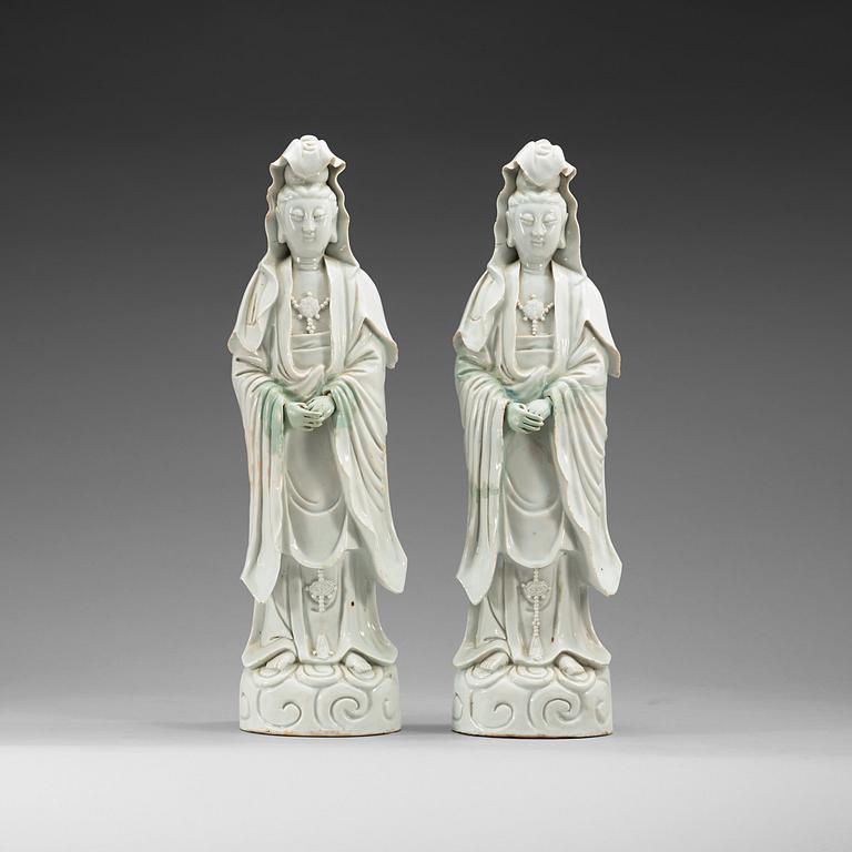 A pair of blanc de chine Guanyins, Qing dynasty, 19th Century.