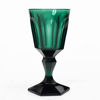 Eleven white wine glasses, green, 19th century.