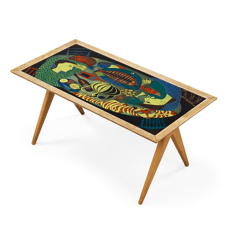 Stig Lindberg, an enamel and oak sofa table, Gustavsberg and Nordiska Kompaniet, Sweden 1950's.