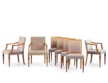 234. Swedish Grace, 4 chairs + 2 + 1 with armrests, reportedly a win from the Stockholm Cabinetmakers association lottery.