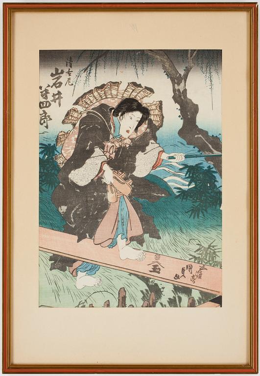 UTAGAWA KUNISADA, träsnitt, 2 st, samt OKÄND KONSTNÄR, träsnitt.