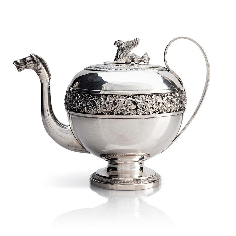A silver pitcher with lid, unidentified maker LH, 19th century.