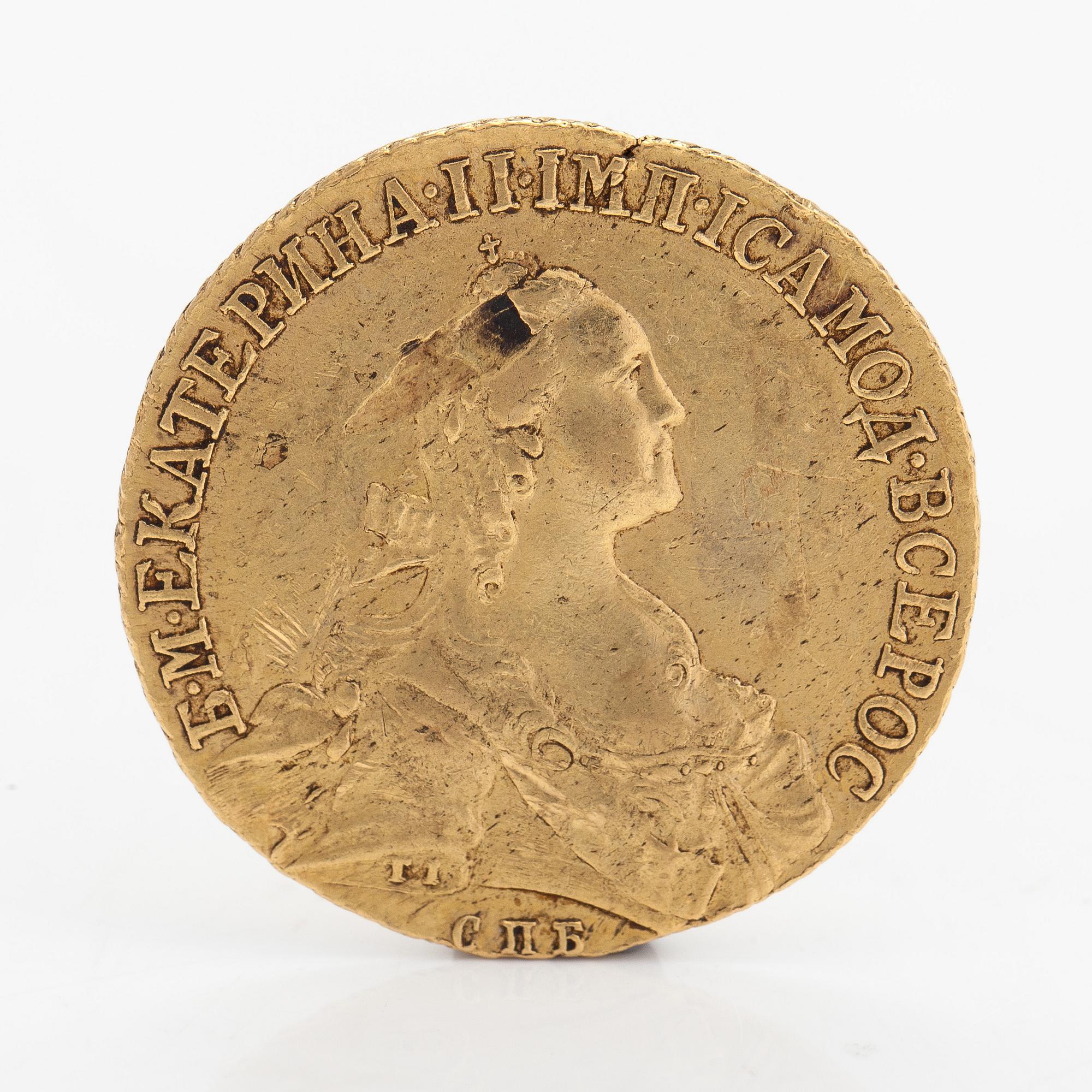 A Catherine II gold coin, 10 Roubles, Russia 1766.