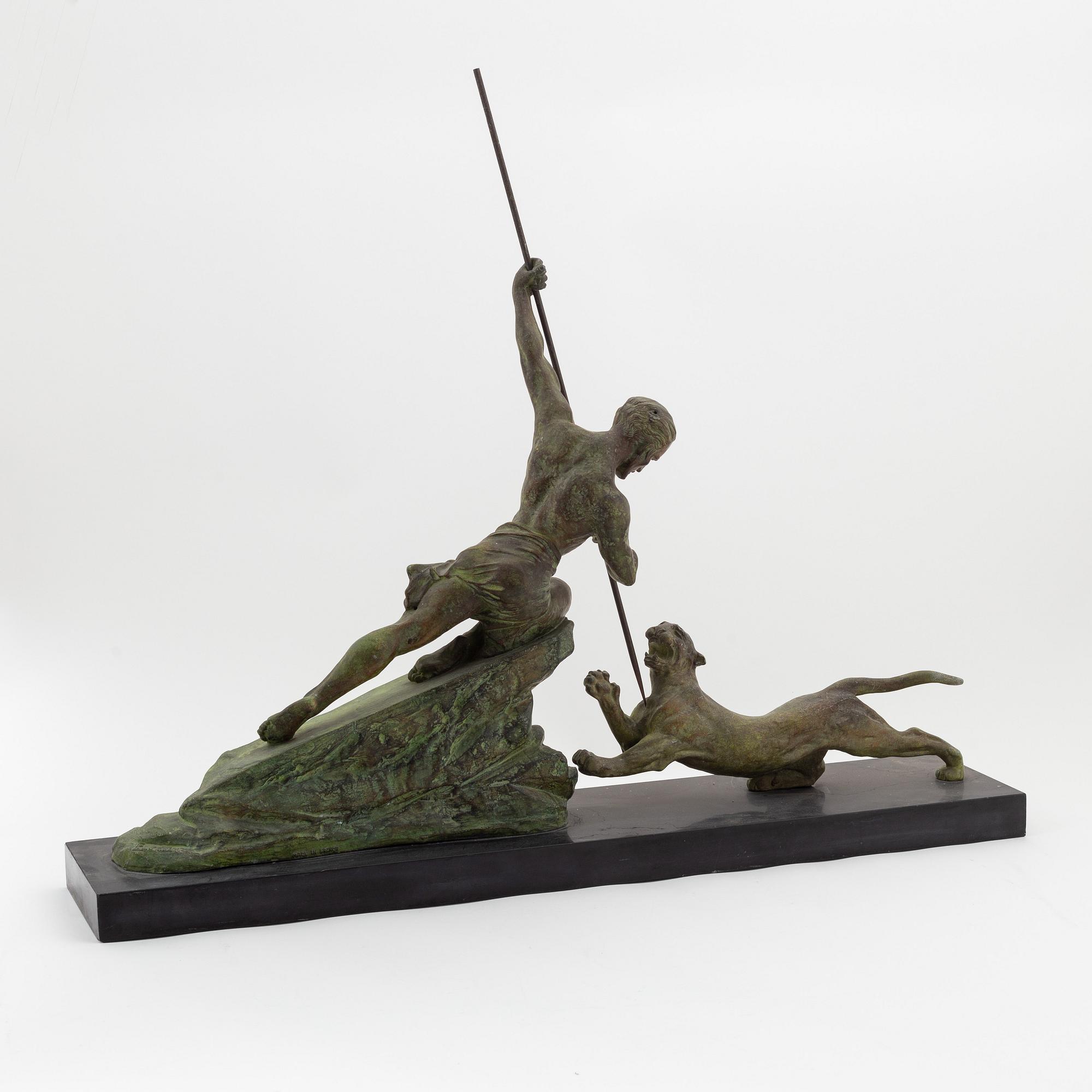 René André Varnier, 20th century. Sculpture. Signed. Patinated metall, stone base. Height 61 cm, length 85 cm.