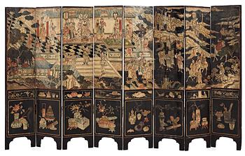 1682. An eight panel lacquer screen, Qing dynasty, presumably Kangxi (1662-1722).