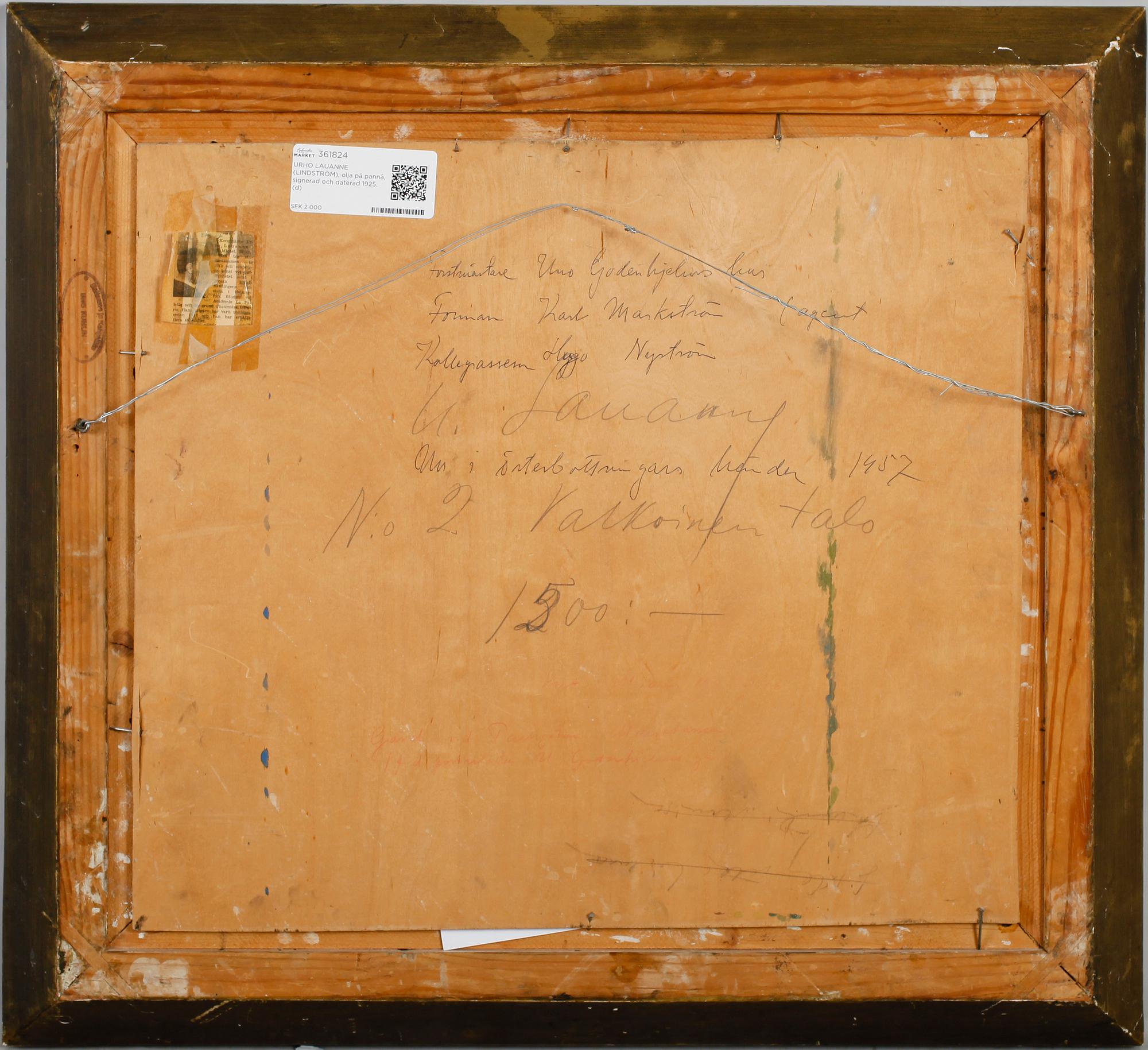 URHO LAUANNE (LINDSTRÖM), olja på pannå, signerad och daterad 1925.